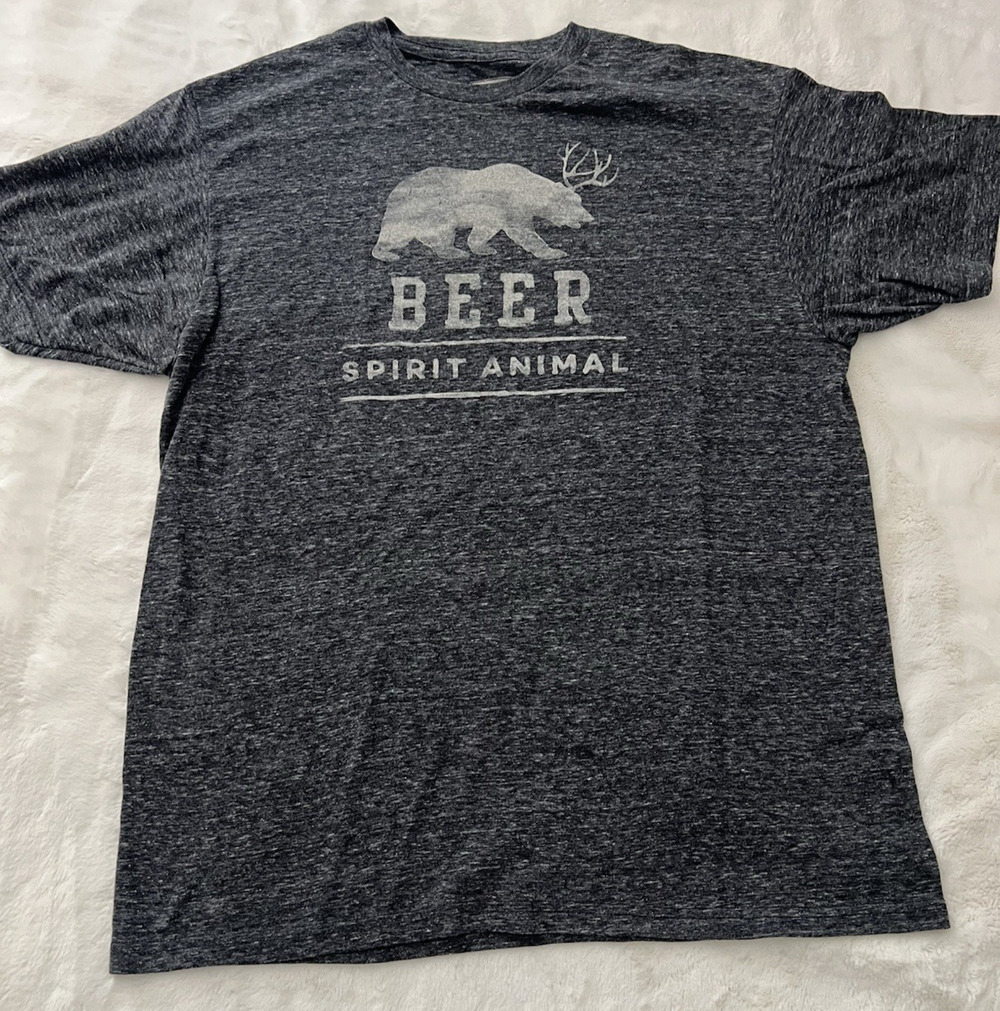 State Of Mind Bear Beer Spirit Animal Graphic T Shirt Gray Short Sleeve Size L
